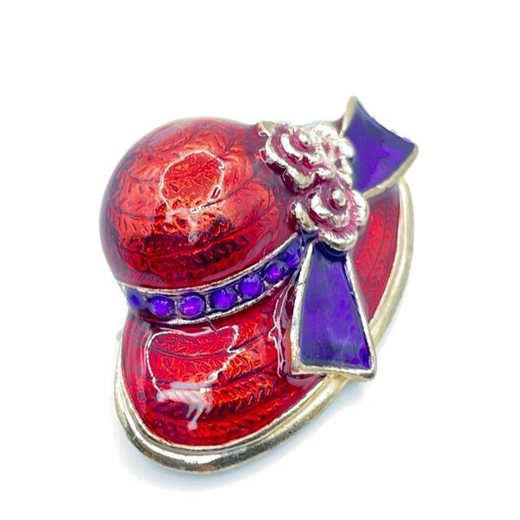 Red Hat Society Brooch Pin Red Enamel Purple Scarf Tie Flowers Gold Tone Trim 3D - Picture 2 of 10